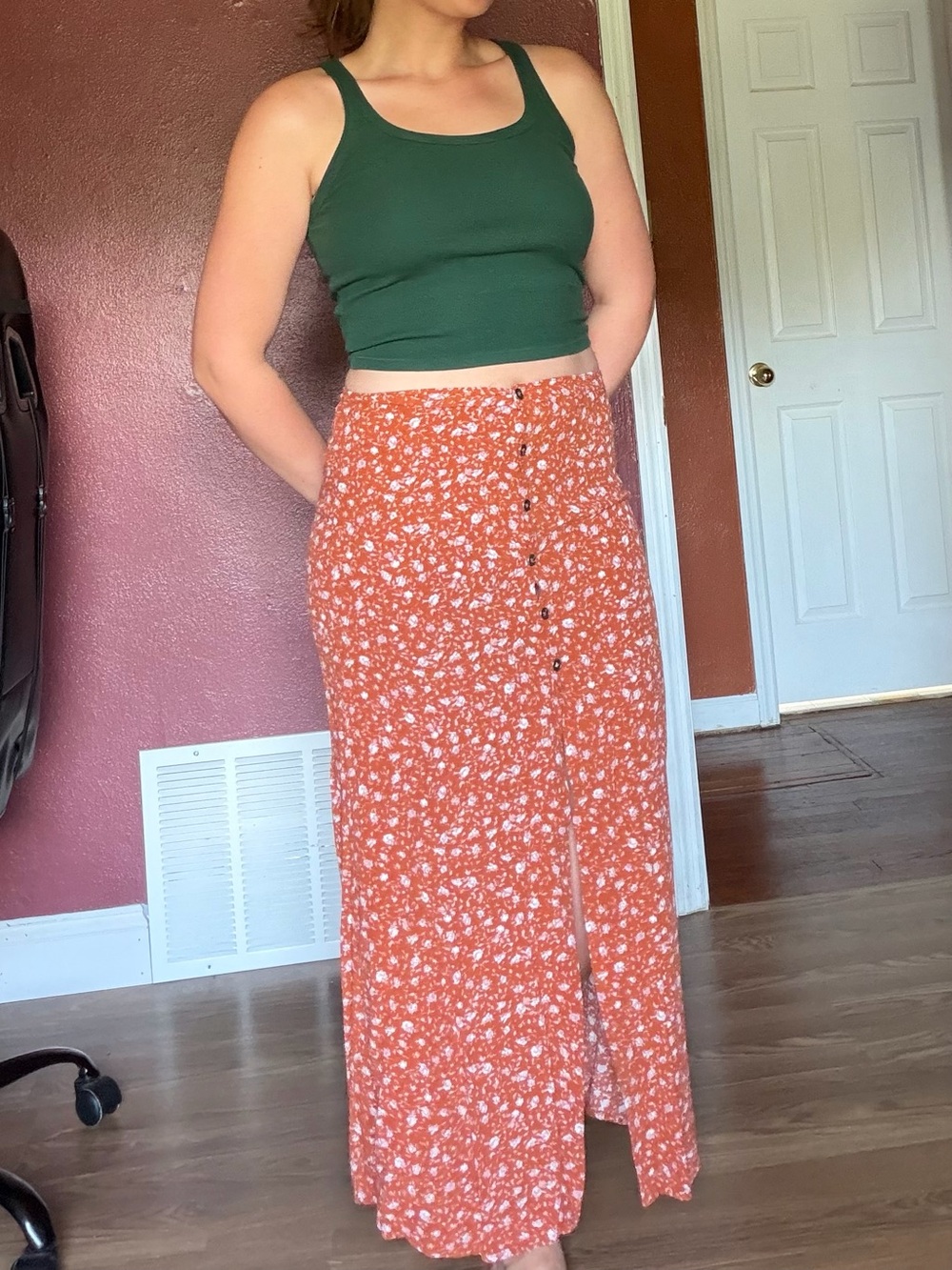 wild fable Rust Floral Button-Front Maxi Skirt